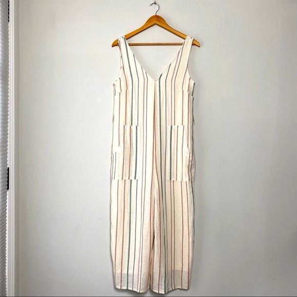 Cotton Linen Striped Sleeveless V Neck Wide Leg Jumpsuit - Picture 3 of 11